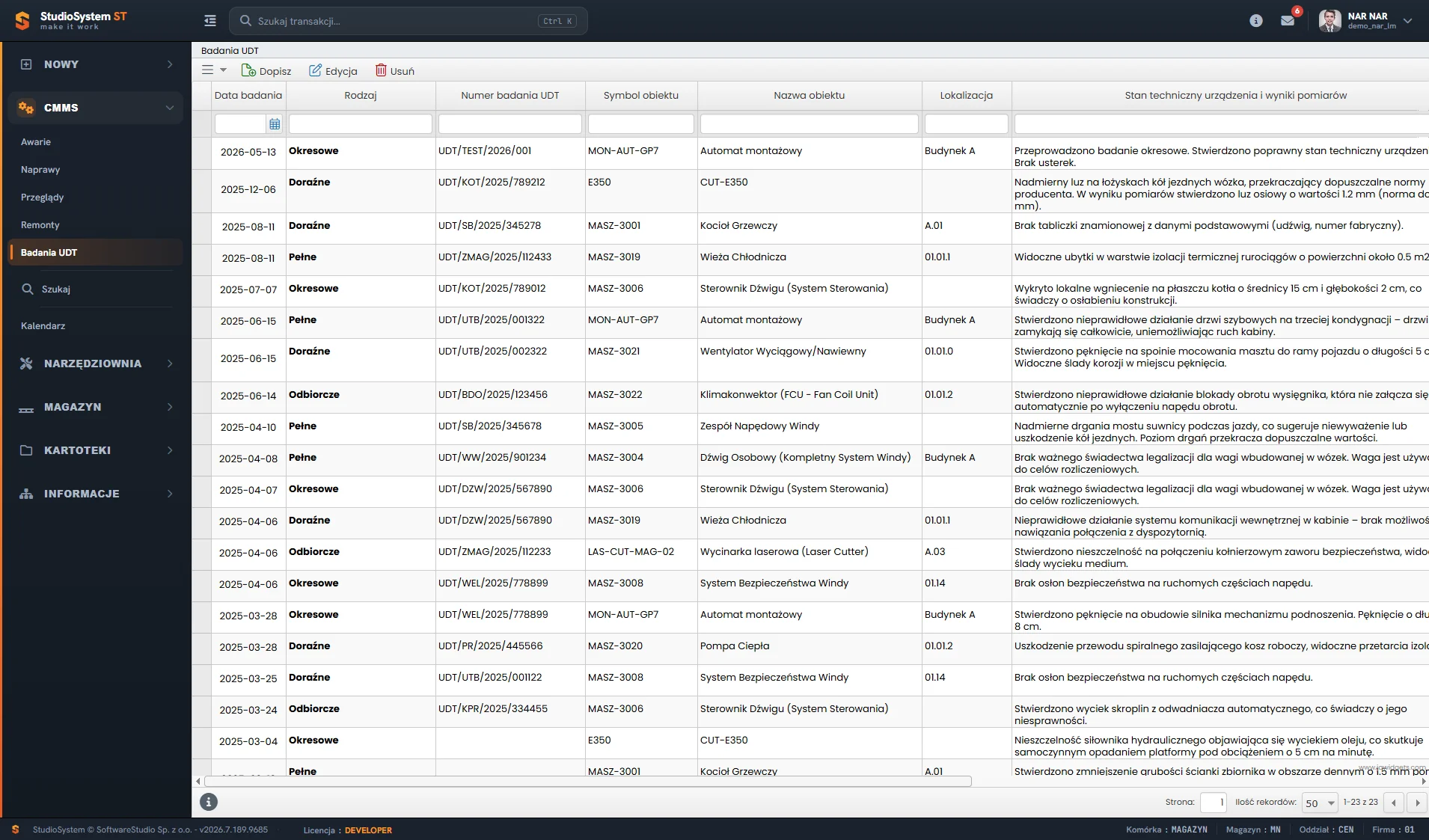 Rejestr badań UDT w module CMMS - data badania, rodzaj okresowe, doraźne, pełne lub odbiorcze, numer badania, symbol i nazwa obiektu, lokalizacja oraz stan techniczny urządzenia