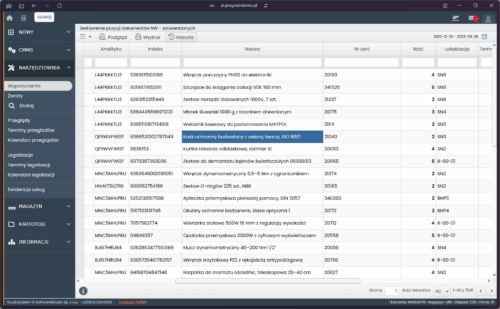 Interfejs oprogramowania Studio TCS.net przedstawiający zestawienie pozycji dokumentów w ewidencji narzędziowni i CMMS.