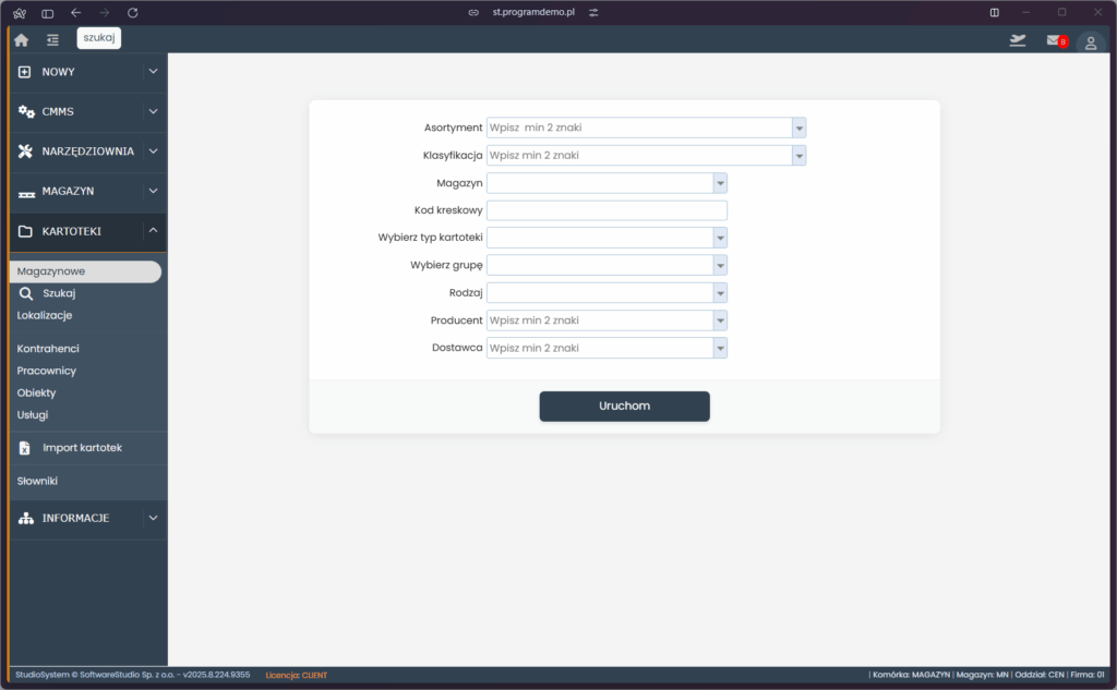 Okno filtrów wyszukiwania w kartotece magazynowej systemu Studio WMS.net od SoftwareStudio.