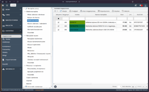 Interfejs oprogramowania Studio TCS.net przedstawiający kartoteki magazynowe elektronarzędzi i maszyn w module narzędziowni.