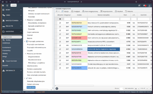 Zrzut ekranu modułu Kartoteki w systemie Studio TCS.net do zarządzania narzędziownią i BHP, prezentujący tabelę z indeksem narzędzi i środków ochrony osobistej.