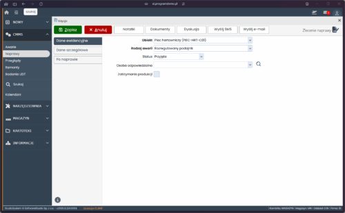 Panel edycji zlecenia naprawy w systemie CMMS Studio TCS.net od SoftwareStudio, przedstawiający formularz zgłoszenia awarii pieca hartowniczego.
